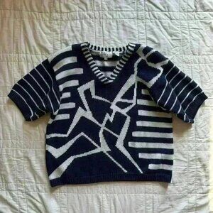 Striped nautical sweater navy white short sleeve knit women’s small boho